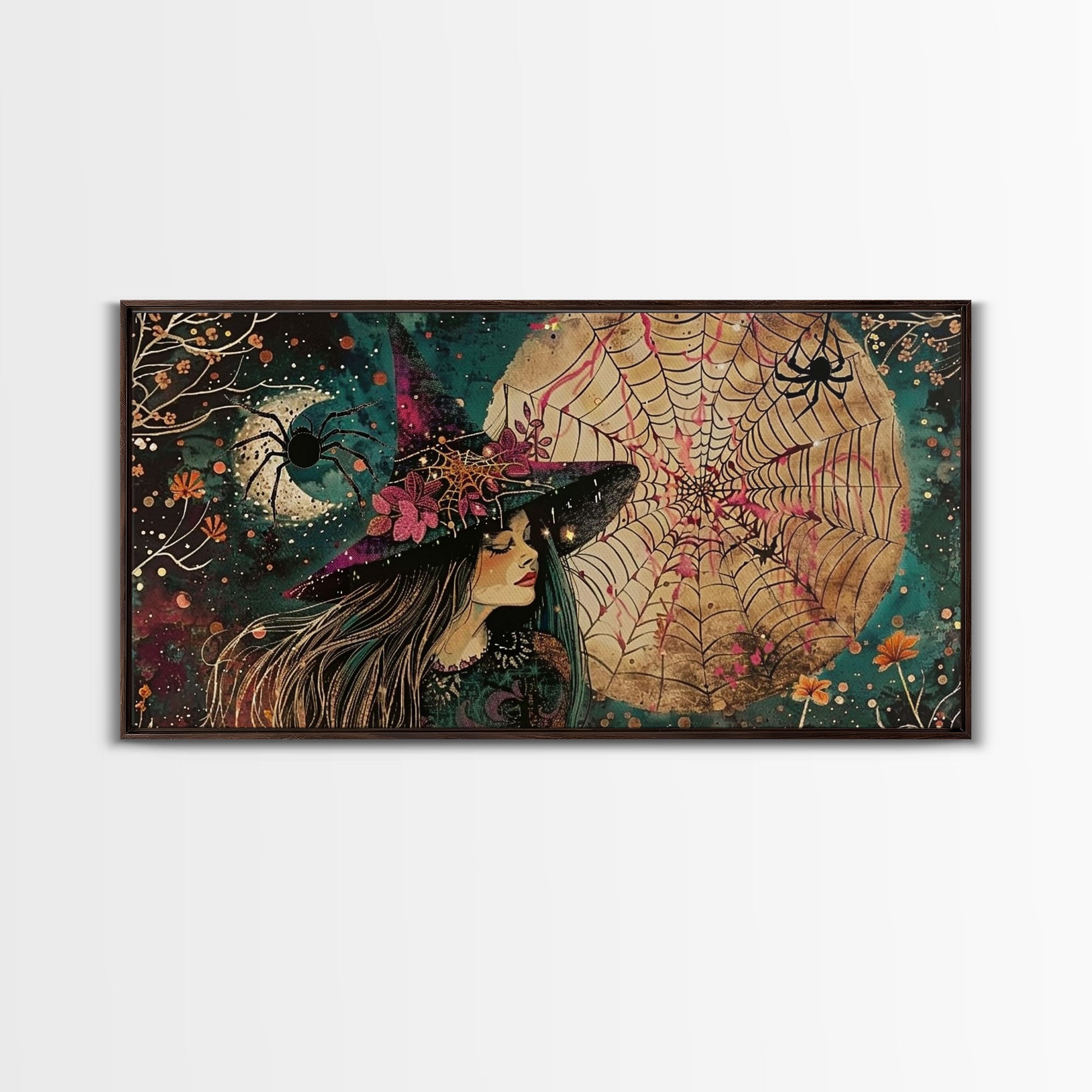 Cottage Core Witch, Halloween Art, Witch Decor, Spooky Witch, Framed Canvas Print, Halloween products