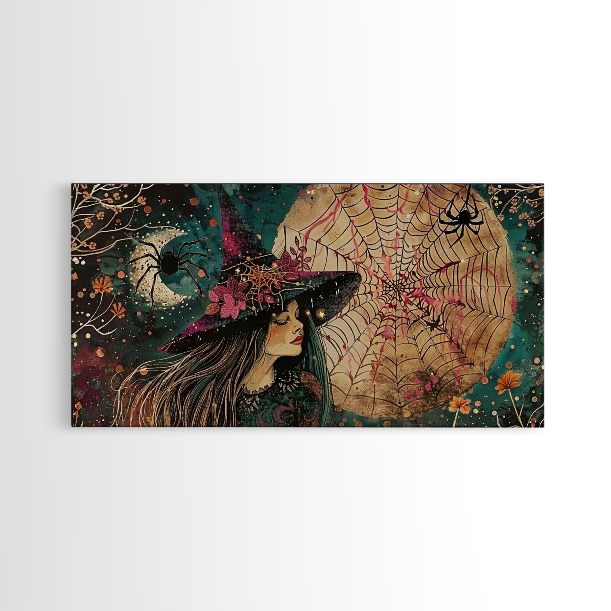 Cottage Core Witch, Halloween Art, Witch Decor, Spooky Witch, Framed Canvas Print, Halloween products