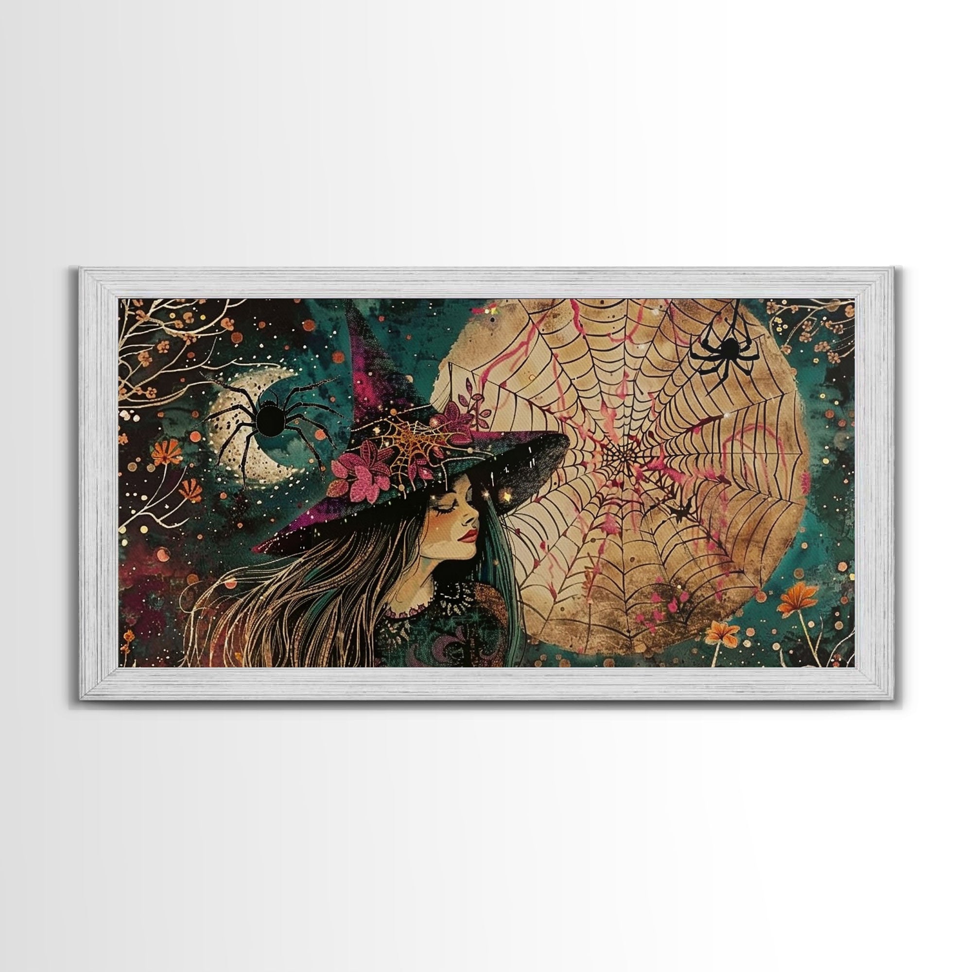 Cottage Core Witch, Halloween Art, Witch Decor, Spooky Witch, Framed Canvas Print, Halloween products