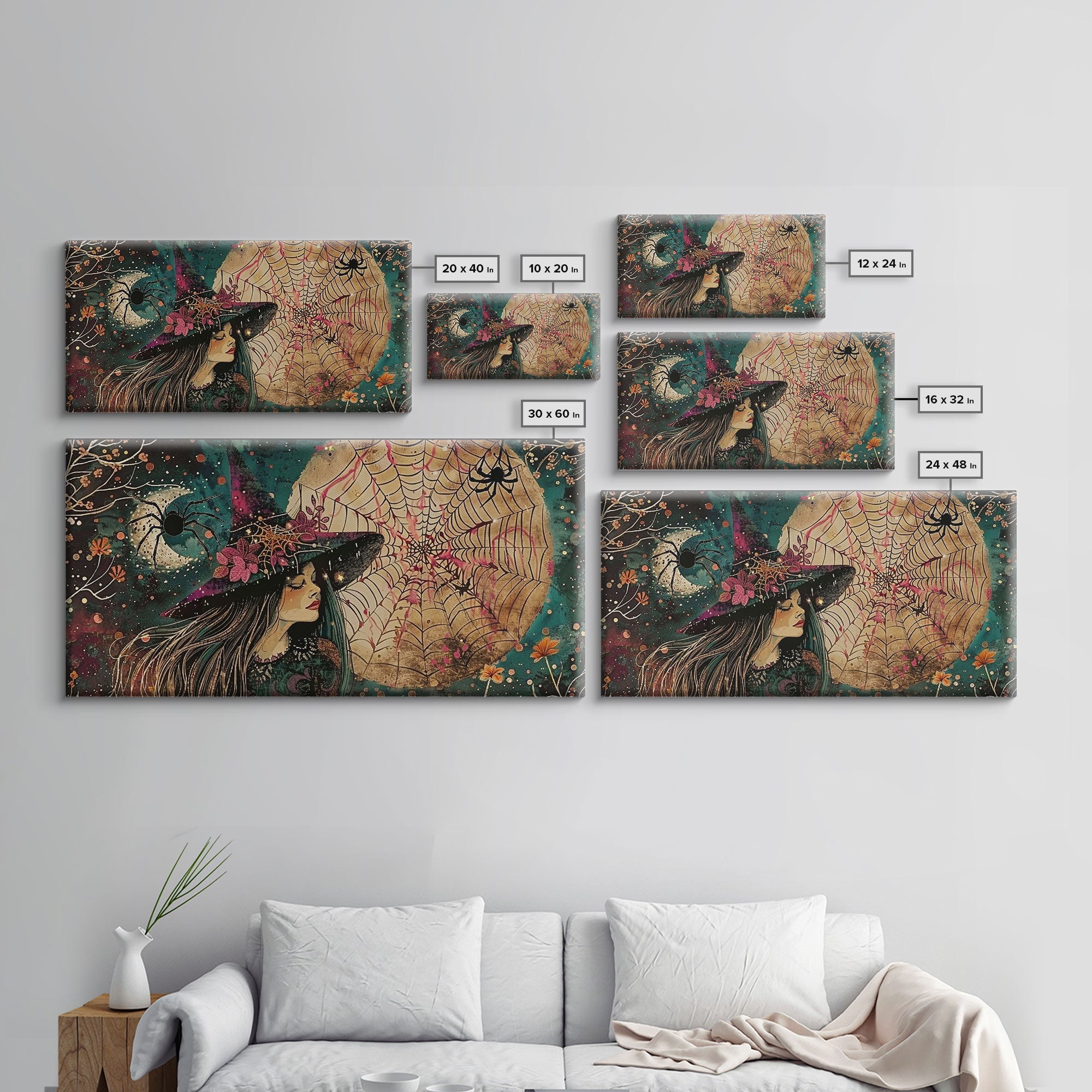 Cottage Core Witch, Halloween Art, Witch Decor, Spooky Witch, Framed Canvas Print, Halloween products