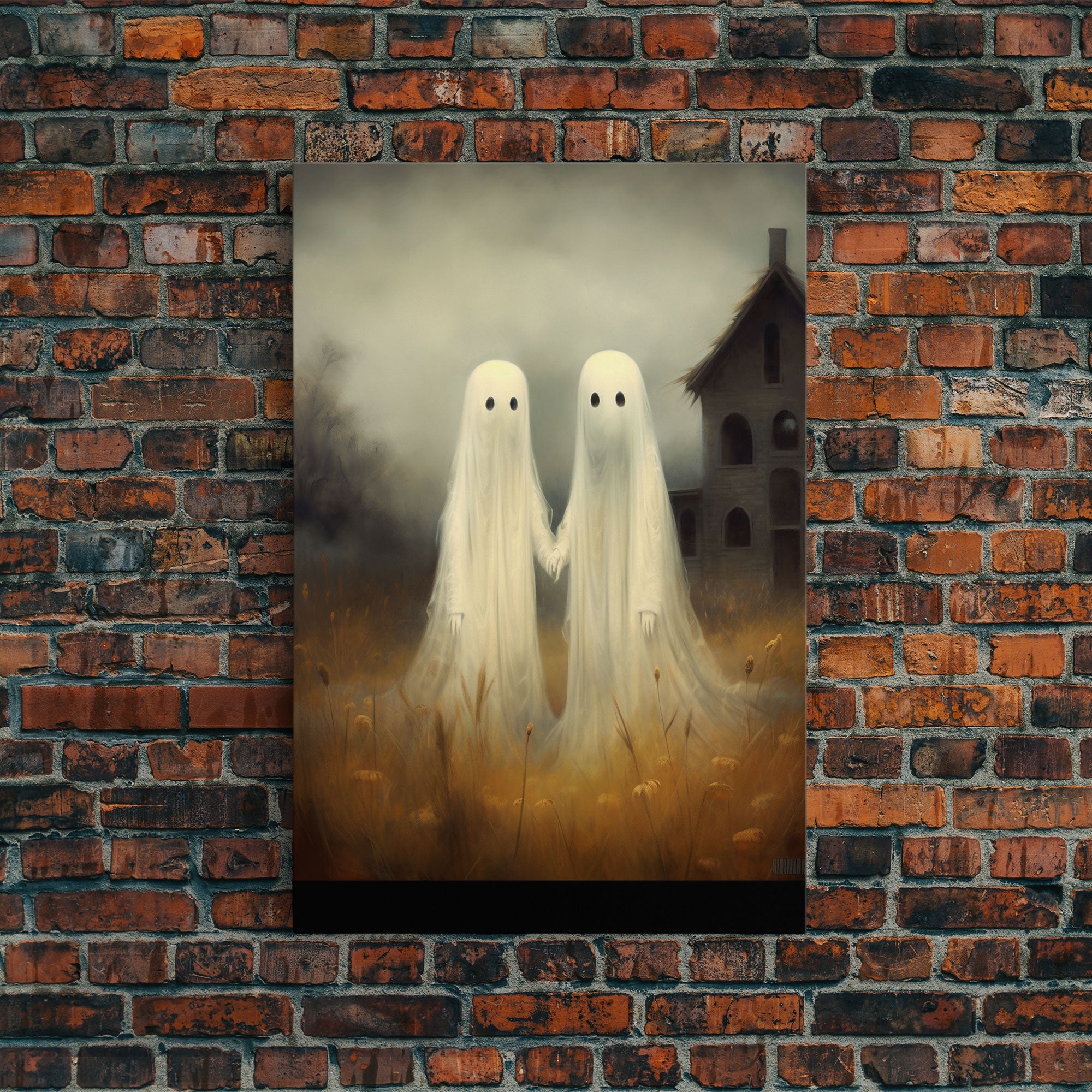 Country Ghosts Art Print, Halloween Art Print, Halloween Decor, Cute Ghosts in Field, Spooky Vintage Halloween, Wall Art, Framed Canvas