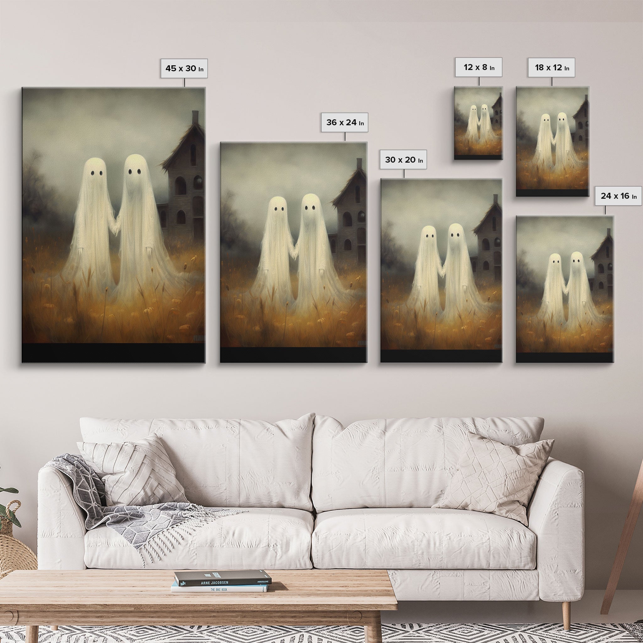 Country Ghosts Art Print, Halloween Art Print, Halloween Decor, Cute Ghosts in Field, Spooky Vintage Halloween, Wall Art, Framed Canvas