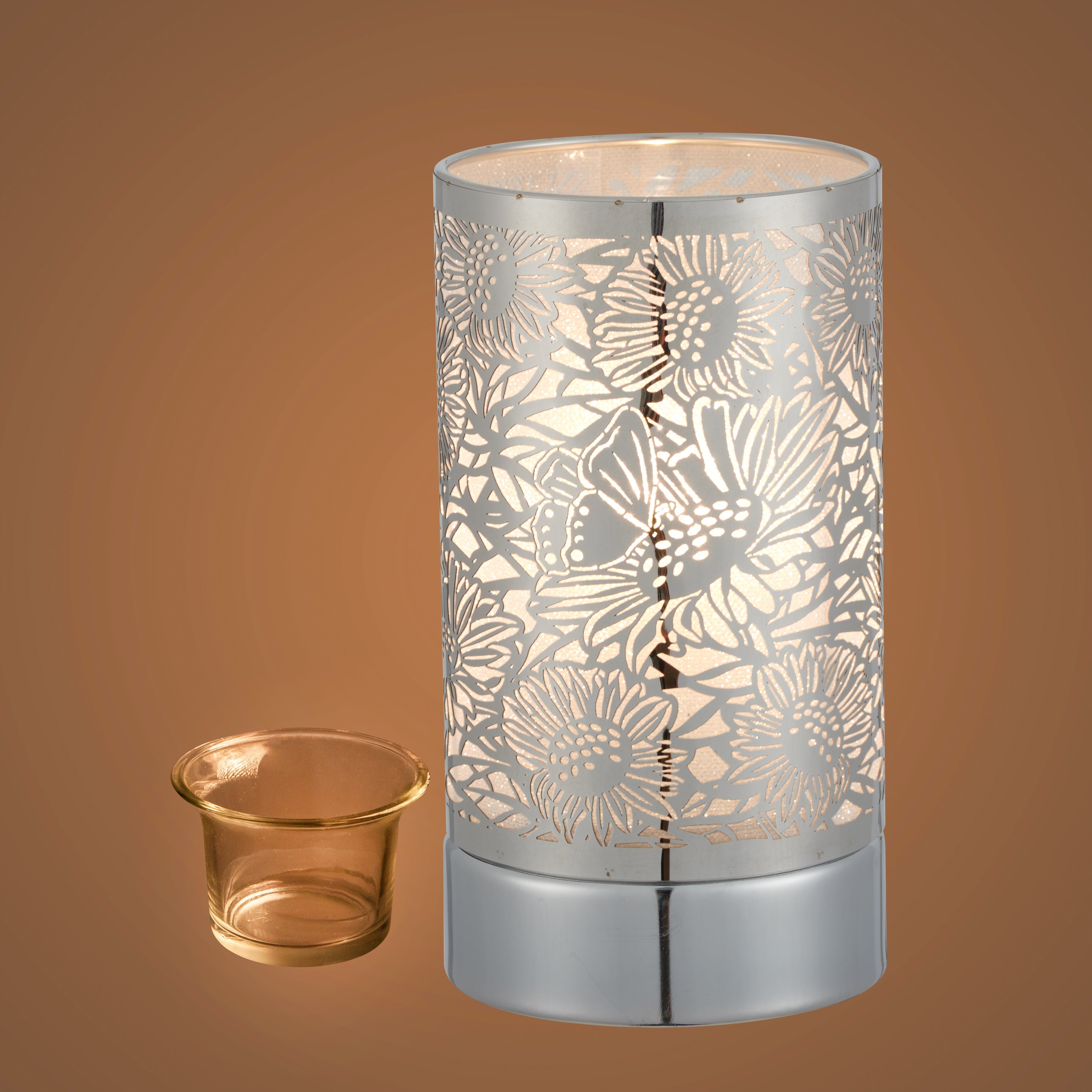 7" touch lamp-Fragrance Wax Melts Warmer -Electric Candle Essential Oil Burner-Metal Silver Sunflower Table Decor by Peterson Housewares & Artwares