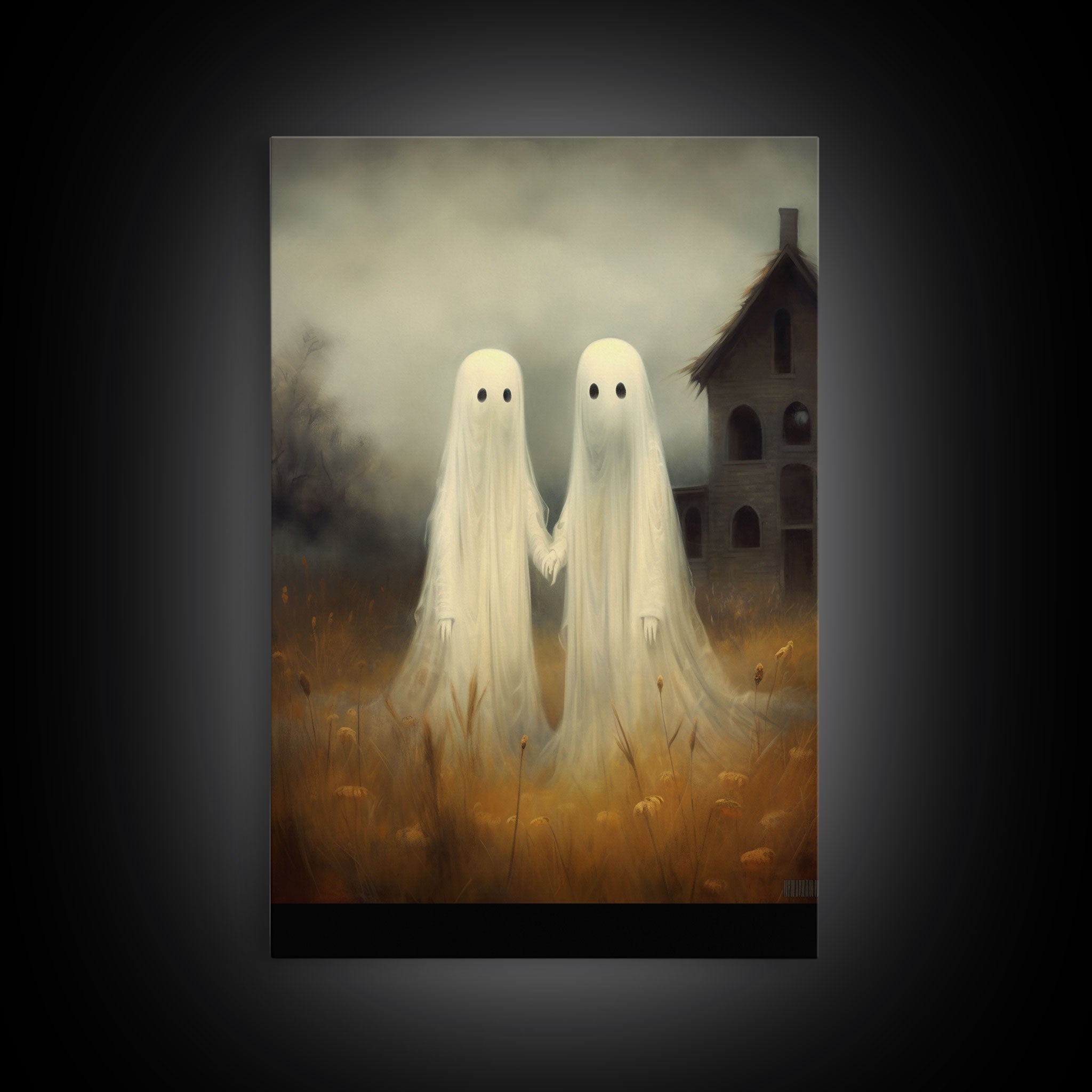 Country Ghosts Art Print, Halloween Art Print, Halloween Decor, Cute Ghosts in Field, Spooky Vintage Halloween, Wall Art, Framed Canvas