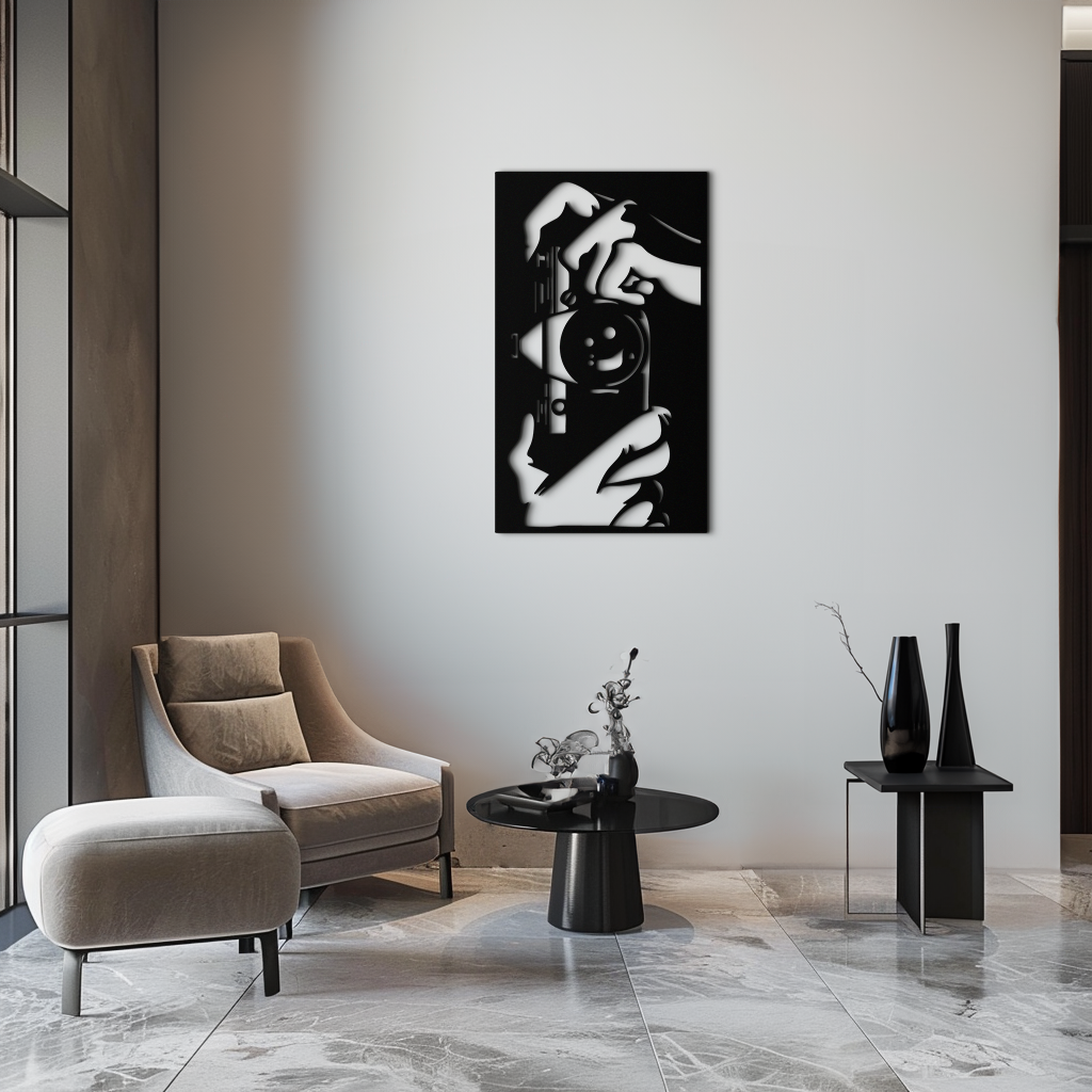 Retro Camera and Hands Silhouette Metal Wall Art – Vintage Photographer Decor- KAF580