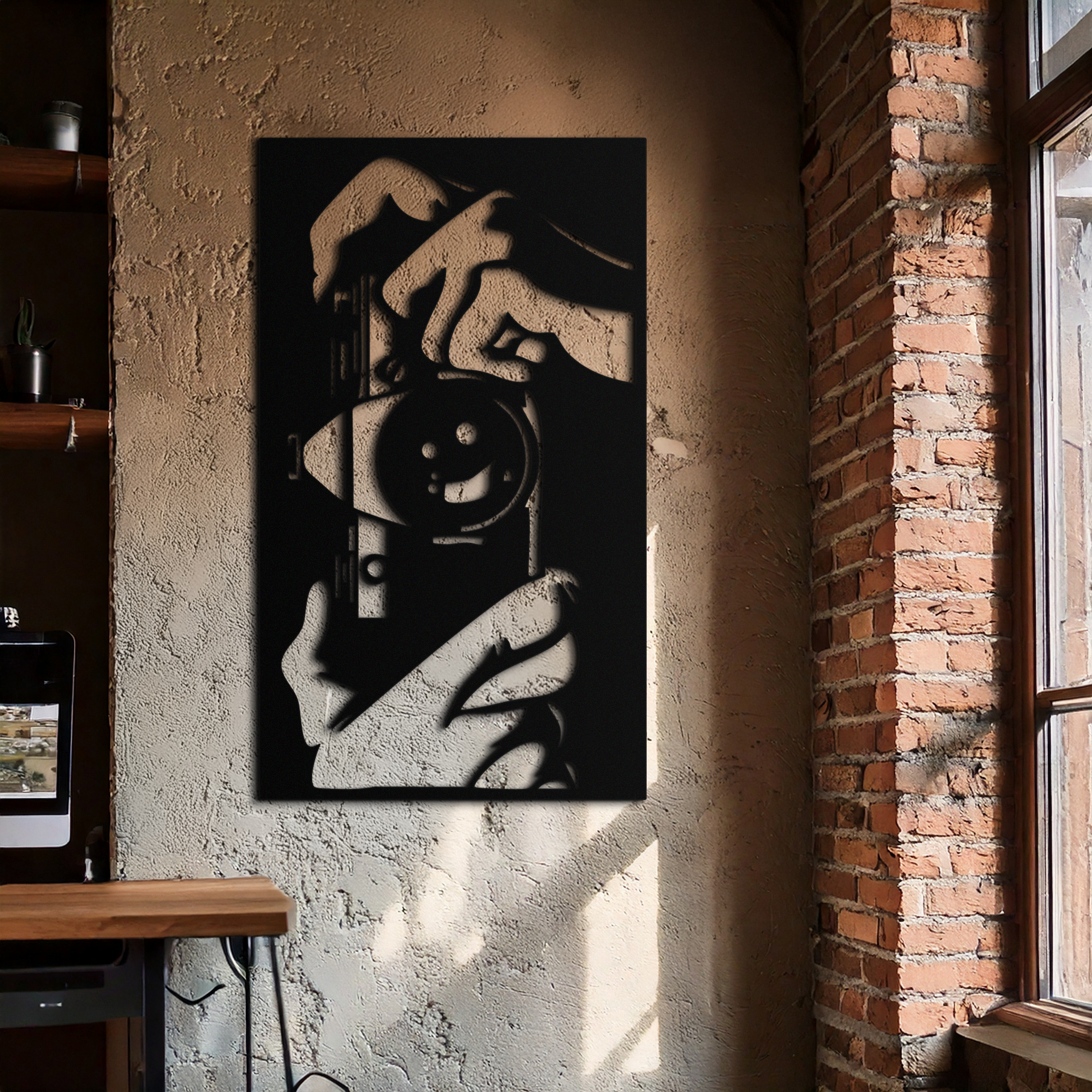 Retro Camera and Hands Silhouette Metal Wall Art – Vintage Photographer Decor- KAF580