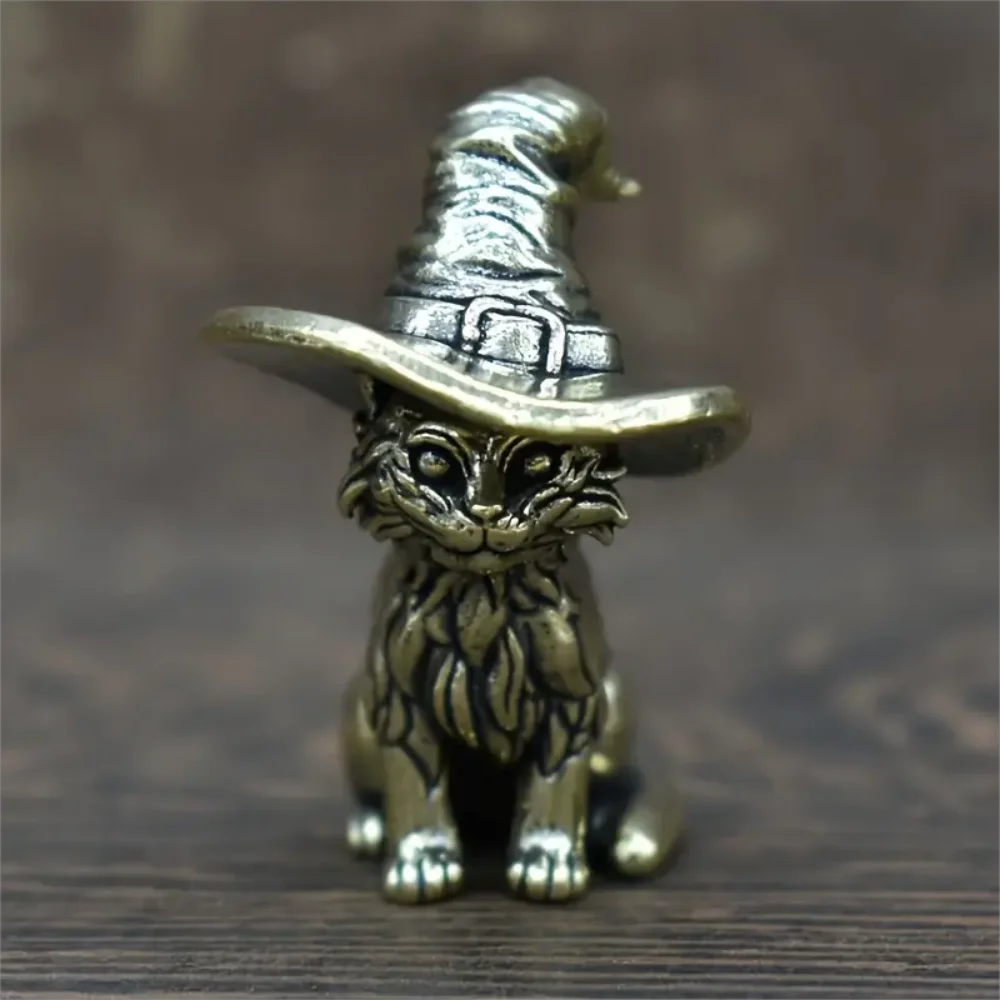 1pc Vintage Brass Witch Cat Statue, Solid Miniature Cat Sculpture, Decorative Animal Figurine, Antique Copper Tea Pet, Collectib