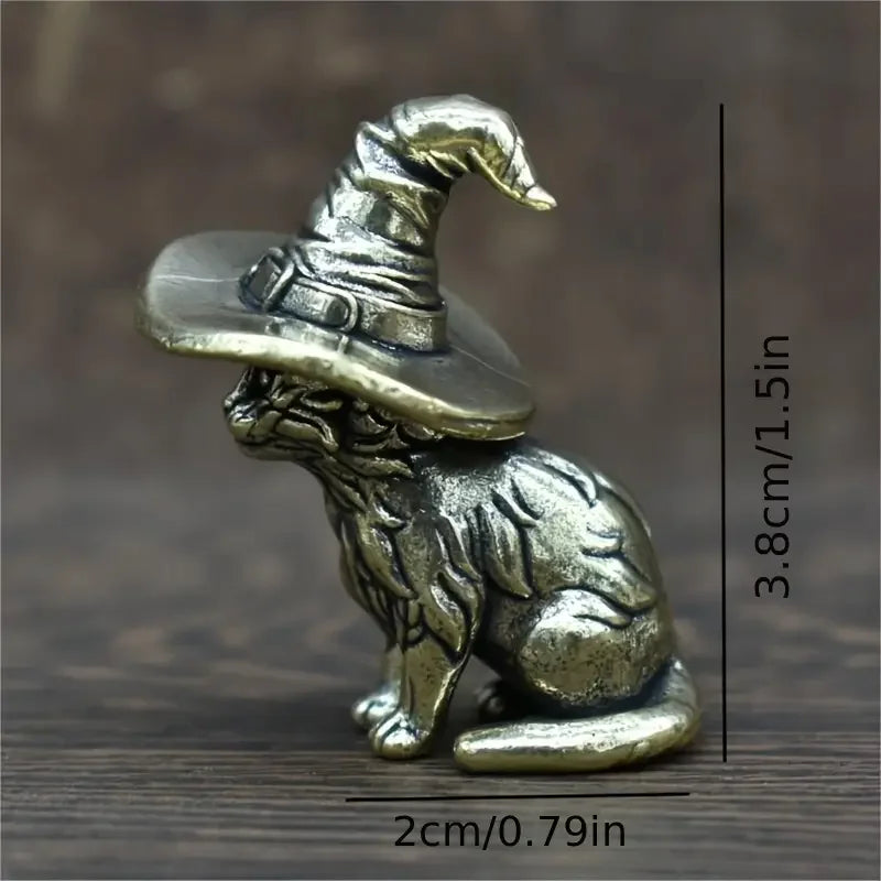 1pc Vintage Brass Witch Cat Statue, Solid Miniature Cat Sculpture, Decorative Animal Figurine, Antique Copper Tea Pet, Collectib