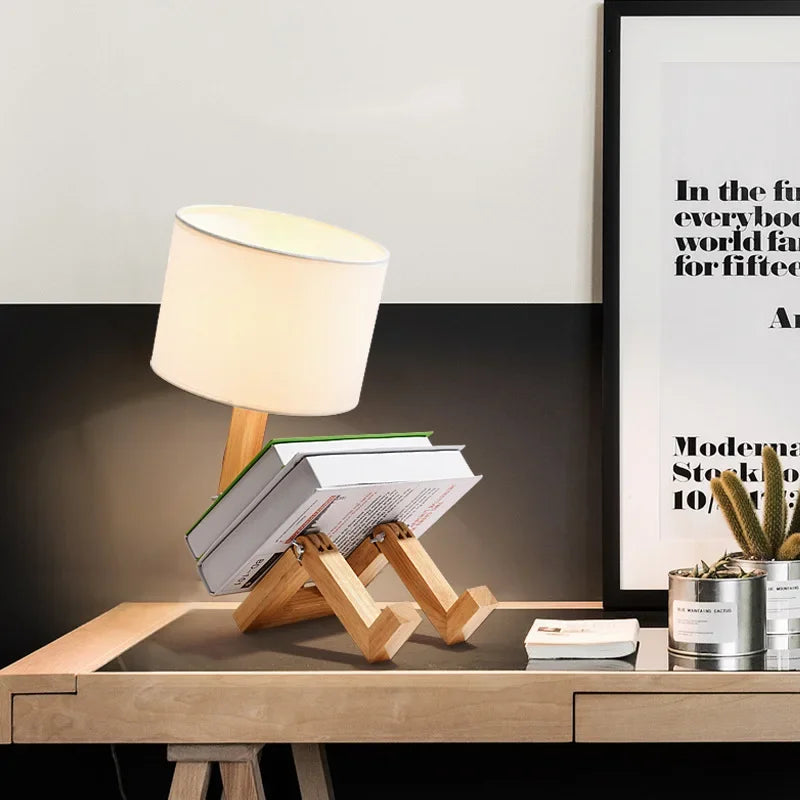 Creative Wooden Robot LED Table Lamp - Nordic Art Decor for Reading, Bedroom, and Home