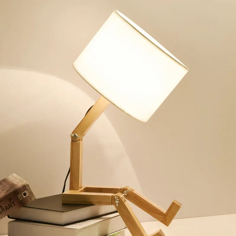 Creative Wooden Robot LED Table Lamp - Nordic Art Decor for Reading, Bedroom, and Home