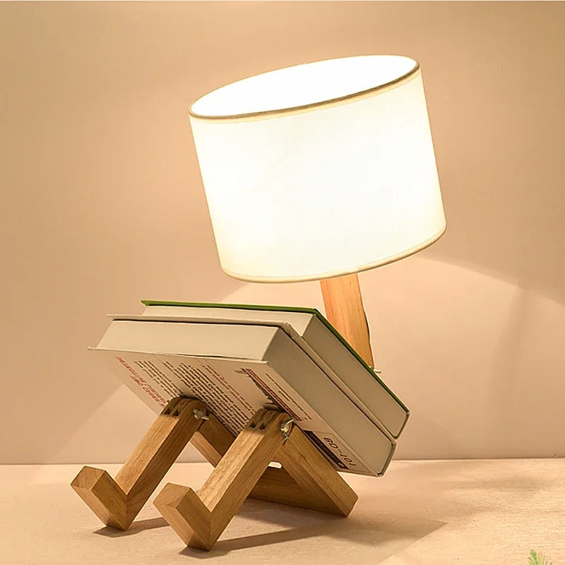 Creative Wooden Robot LED Table Lamp - Nordic Art Decor for Reading, Bedroom, and Home